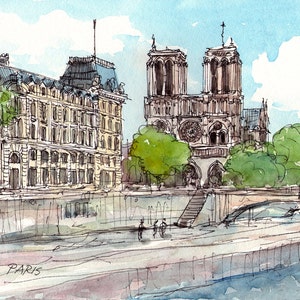 Paris Notre Dame Cathedral Saine Bridge, art print from watercolor painting