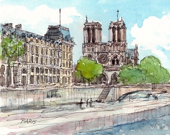 Paris Notre Dame Cathedral Saine Bridge, art print from watercolor painting