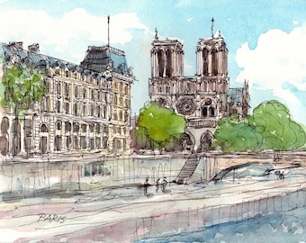 May include: A watercolour painting of Notre Dame Cathedral in Paris, France. The cathedral is depicted in a light brown colour with a large rose window and two towers. The painting also includes a building on the left side of the cathedral, a river in the foreground, and trees in the background.