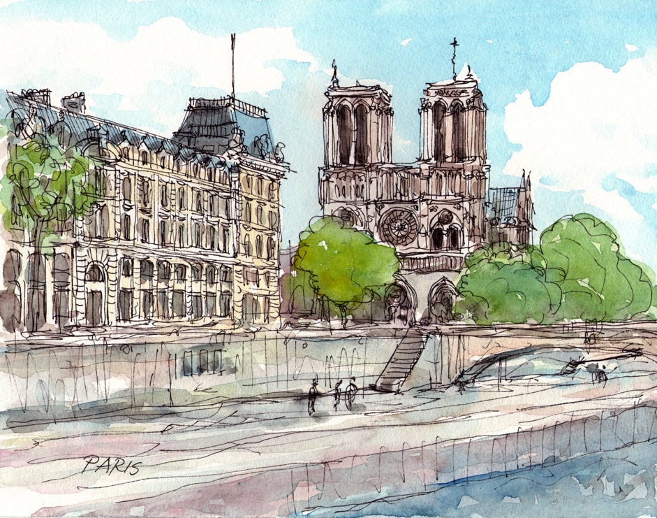 Paris Notre Dame Cathedral Saine Bridge, Art Print From Watercolor