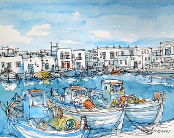 Mykonos Port  Greece art print from an original watercolor painting