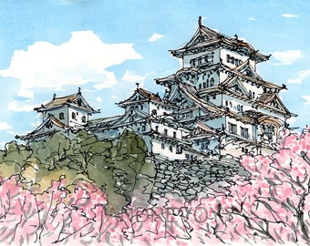 Himeji Japan art print from an original watercolor painting