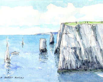 Old Harry Rocks, United Kingdom , art print from an original watercolor painting