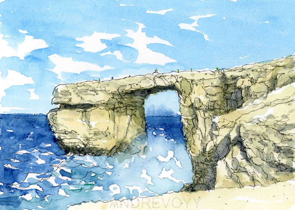 Malta Azuro Window art print from an original watercolor painting