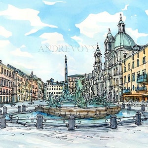 Rome Piazza Navona  Italy art print from an original watercolor painting
