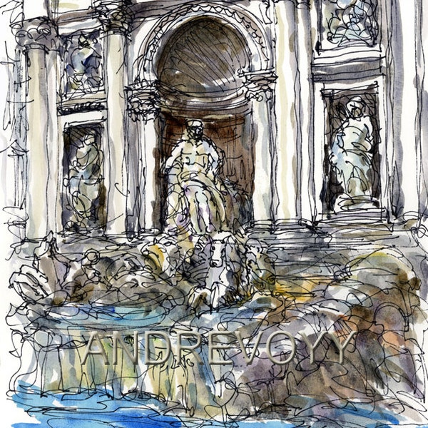 Rome Trevi  Fountain art print from an original watercolor painting