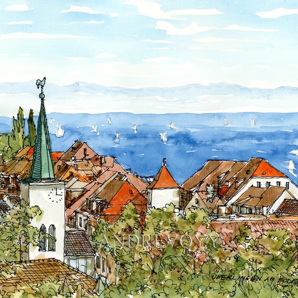 Überlingen am Bodensee  Germany art print from an original watercolor painting