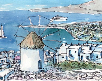 Mykonos Panorama Greece art print from an original watercolor painting