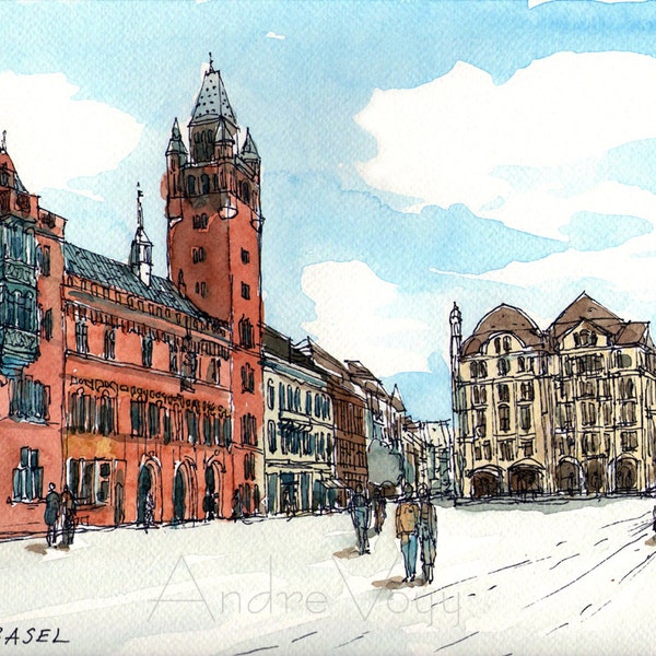 Impresión de arte de Basilea Suiza de una pintura original de acuarela