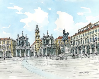 Torino Piazza San Carlo Italy art print from an original watercolor painting