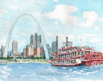 Puede incluir: Una pintura de acuarela del Arco de San Luis con un barco de vapor de paletas rojo y blanco en primer plano. El barco está en el agua con el horizonte de la ciudad en el fondo.
