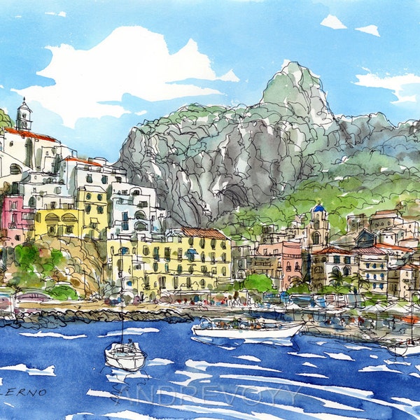 Salerno Italy art print from an original watercolor painting