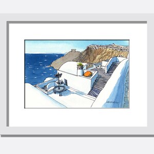 Santorini Firostefani Greece print of watercolor painting drawing, signed image 2