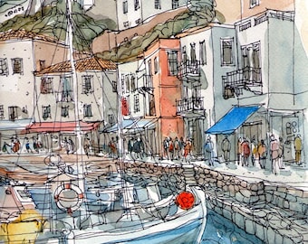 Hydra Port 2, Greece art print from an original watercolor painting