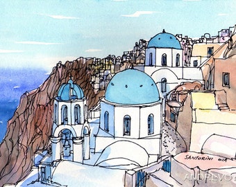 Santorini Oia 6  Greece art print from an original watercolor painting