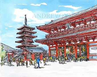 Tokyo Asakusa Japan art print from an original watercolor painting