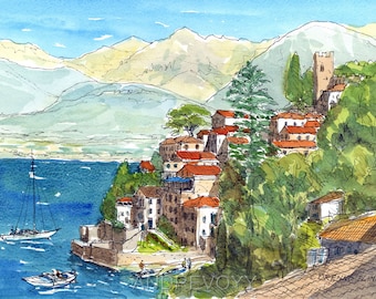 Corenno Plinio Lake Como  Italy art print from an original watercolor painting