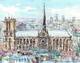 May include: A watercolour painting of Notre Dame Cathedral in Paris, France. The cathedral is depicted in detail, with its iconic towers, gargoyles, and stained glass windows. The painting captures the beauty and grandeur of this historic landmark.