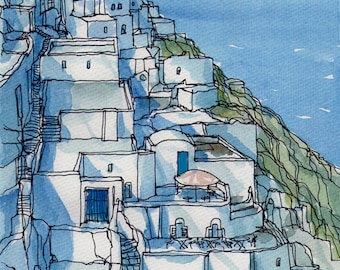 Santorini Fira 1 Greece art print from an original watercolor painting