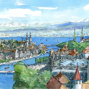 Zurich Switzerland art print from an original watercolor painting