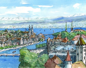 Zurich Switzerland art print from an original watercolor painting