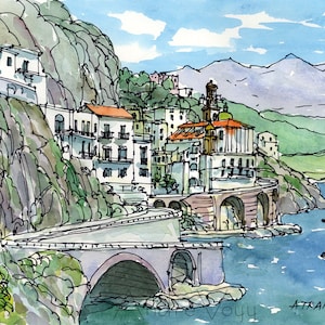 Atrani Amalfi Coast Italy art print from an original watercolor painting