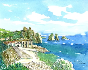 Scopello Sicily  Italy art print from an original watercolor painting