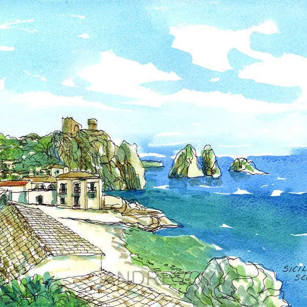 Scopello Sicily  Italy art print from an original watercolor painting