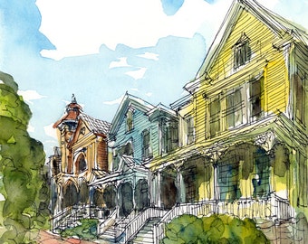 Savannah Victorian Homes art print from an original watercolor painting