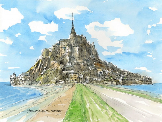 モンサンミッシェル フランス 水彩画のオリジナルアートプリント
