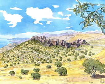 Mani Vathi Peloponnese Greece art print from an original watercolor painting