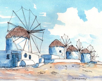 Mykonos Wind Mills Greece art print from an original watercolor painting