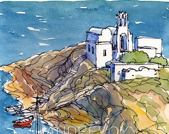 Sifnos Chapel at the Sea Greece art print from an original watercolor painting