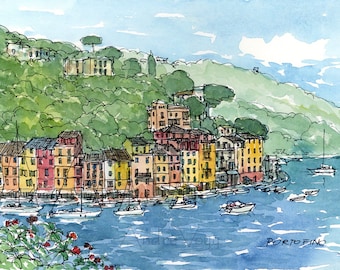 Portofino Italy art print from an original watercolor painting