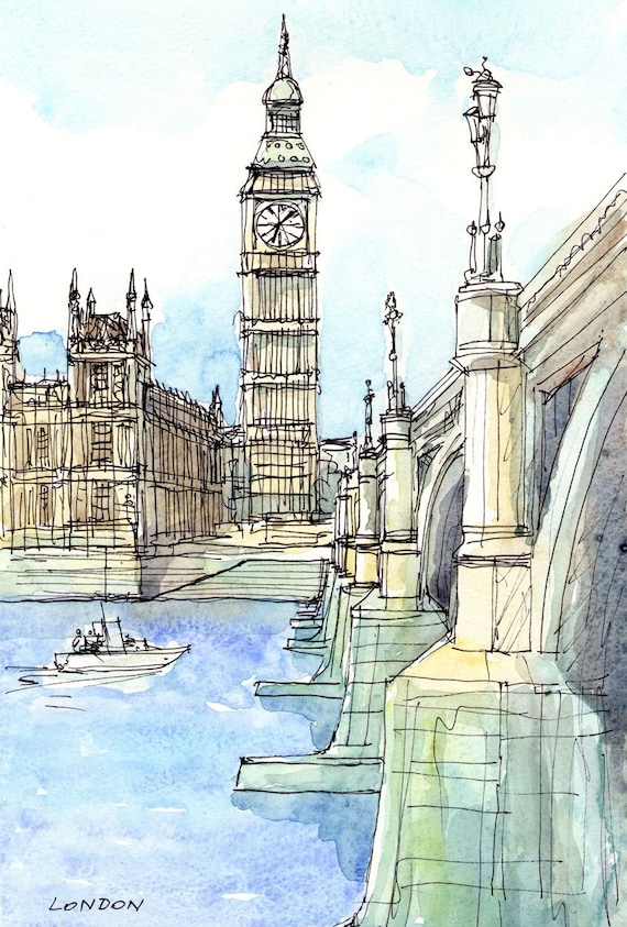 ロンドン ウェストミンスター橋 テムズ川 オリジナル水彩画のアート