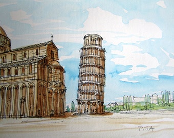 Pisa Leaning Tower Italy art print from an original watercolor painting