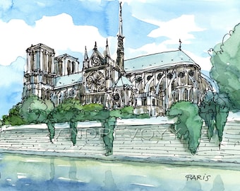 May include: Watercolour painting of Notre Dame Cathedral in Paris, France. The cathedral is depicted in a light blue and grey colour scheme with a blue sky and white clouds in the background. The cathedral is surrounded by green trees and a river.