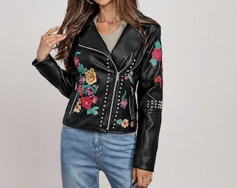 Custom Genuine Leather Jacket | Personalized Floral Embroidered Coat