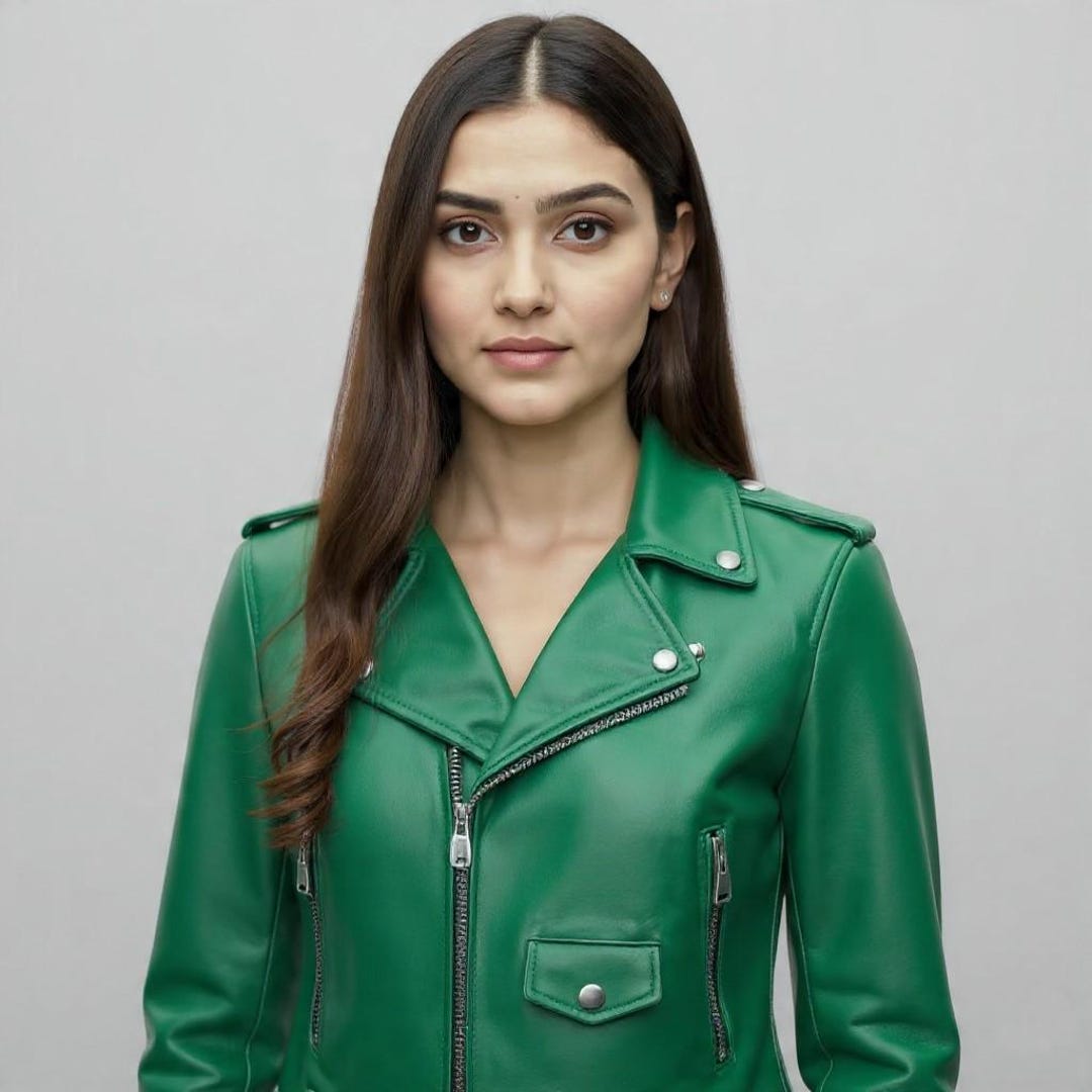 Women's Green Leather Biker Jcket With Asymmetrical Zipper and
