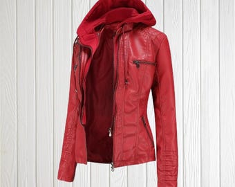 Women's Genuine Leather Biker Jacket: Black, Red, White & Brown