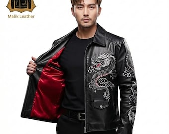 Mit Drachen bestickte Bikerjacke aus Lammleder, rotes Satinfutter