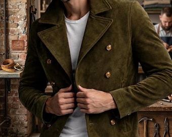 Puede incluir: Chaqueta de ante verde oliva con botones dorados. La chaqueta tiene un diseño cruzado y un cuello ancho. La persona lleva una camiseta blanca y vaqueros azules. El fondo incluye una pared de ladrillo y un letrero que dice "Fine Leathercraft".