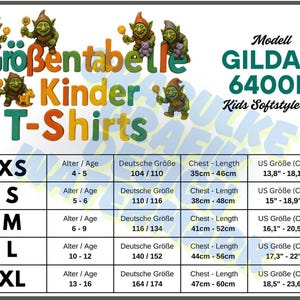Tabla de tallas para camiseta infantil "Gildan 6400B" con tallas alemanas
