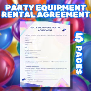 5 ページのパーティーレンタル契約、機器レンタル契約、編集可能な PDF、パーティーレンタルビジネス契約、即時ダウンロード