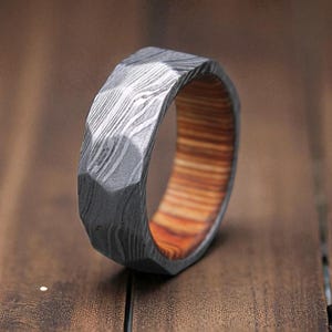 Damascus Steel Ring Whiskey Barrel Ring Wood Inlay Ring Damascus Hammered Pattern Wood Wedding Band Unique Engagement Ring Promise Ring Gift