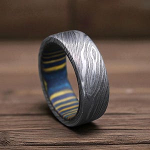 Handmade Damascus Steel Whiskey Barrel Ring Men Wood Wedding Band Colorful Wood Inlay Ring Damascus Steel Ring Engagement Ring Gift for him
