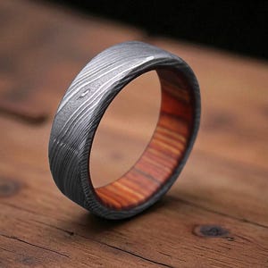 Damascus Steel Whiskey Barrel Ring Wood Inlay Ring Unique Men Damascus Wood Wedding Band Engagement Ring 5th Anniversary Gift Groomsmen Gift
