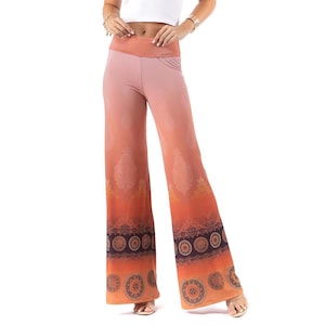 High Waist Palazzo Pants Dusty Coral Mandala Print | Wide Leg Stretch Pants | Boho Festival Lounge Pants | Made in USA | UX1007SC