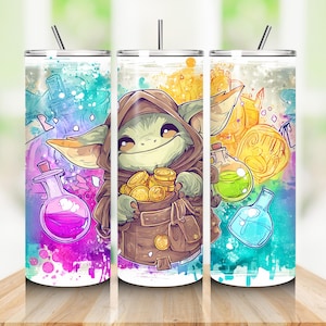 May include: A white tumbler with a colorful design featuring a green character holding gold coins. The character is surrounded by colorful watercolor-like splatters and bottles of liquid.