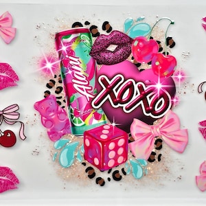 May include: A decorative design featuring pink lips, bows, cherries, and a central heart with the text "XOXO." Additional elements include a dice, gummy bears, and a can of "Alani" drink.